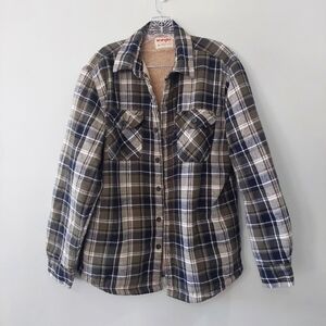 Wrangler Men's Shacket Jacket Medium green blue plaid button front sherpa lining